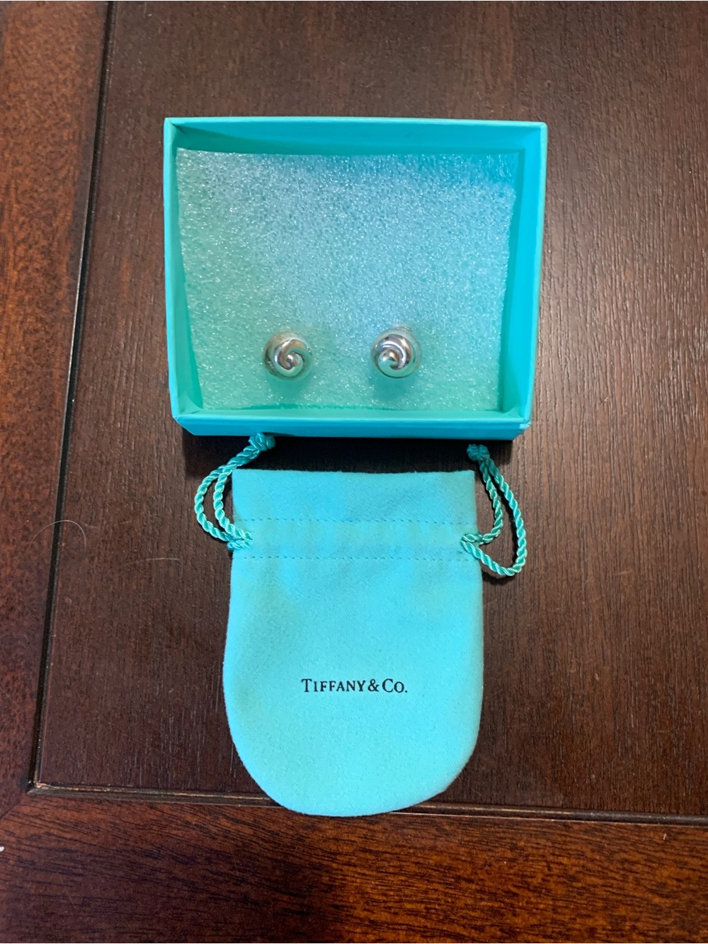 Tiffany & Co. Silver Spiral Stud Earrings with Signature Blue Pouch